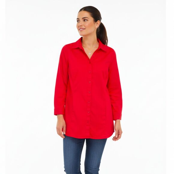 Chico's Size 0/S Red Button Up Shirt Long Sleeve Cotton Spandex Blouse Tunic - Picture 1 of 12